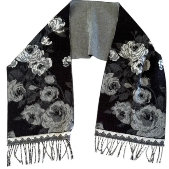Preston & York Scarf Floral Design Scarf 12x62 Women's Fringed Black Gray Soft