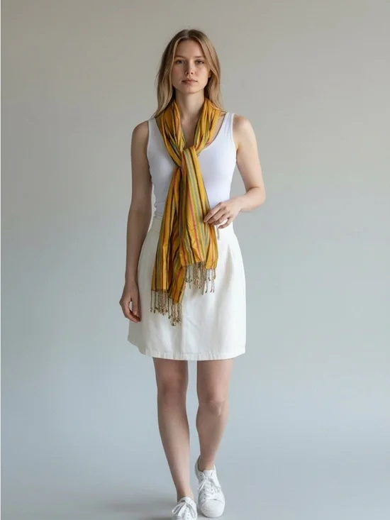 2/$30 Codello Striped Yellow Fringe Women's Scarf - Lightweight Summer Wrap