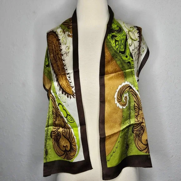 VTG Harve Benard Silk Scarf Green Brown‎ Abstract Floral Paisley Lightweight