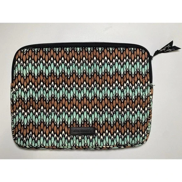Vera Bradley Sierra Stream Laptop Bag Quilted Classic Teal Brown Black Interior