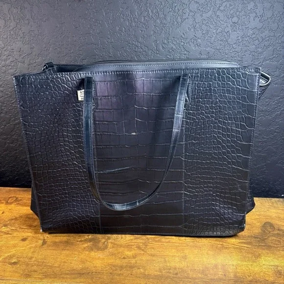 BEIS The Work Tote Black Croco Embossed Vegan Leather Laptop‎ Bag Womens Large