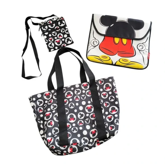 Disney Mickey Mouse Bag Set 3 Piece Tote Crossbody Purse Laptop‎ Sleeve Black