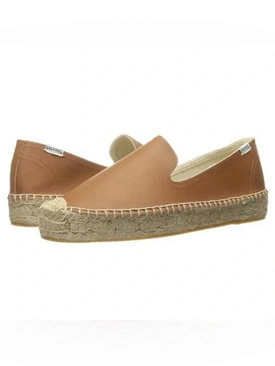 Soludos Leather Platform Smoking Slipper Espadrilles Tan Brown Size 7.5