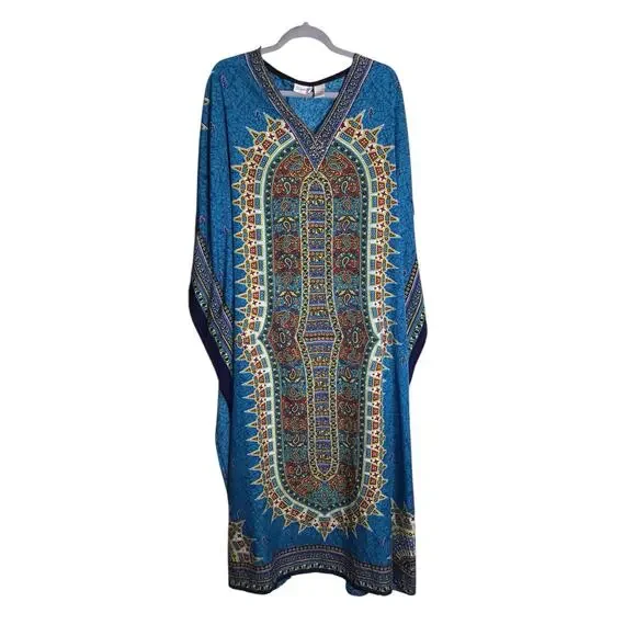 Sante Women Tribal Print MuMu/ Kaftan Sz. Os Blue Loungewear Comfort Modest EUC