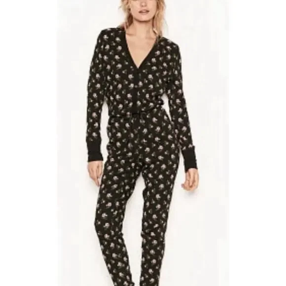 Victoria's Secret Thermal One-Piece Pajamas - M Black Floral Cottage Bed Gremlin