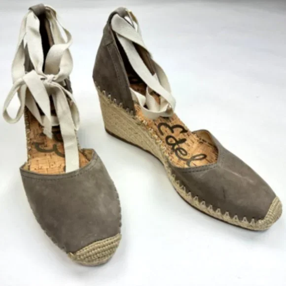 Sam Edelman Patsy Espadrille Leather Suede Ankle‎ Tie Wedge Women 9 NWOT