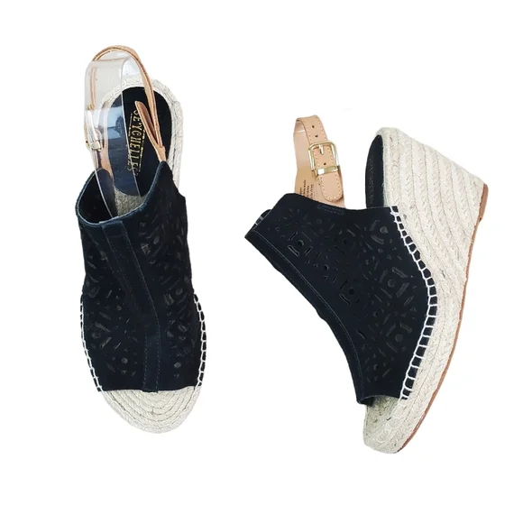 Seychelles Black Laser Cut Suede Leather Espadrille Wedge Shoes Size 7.5