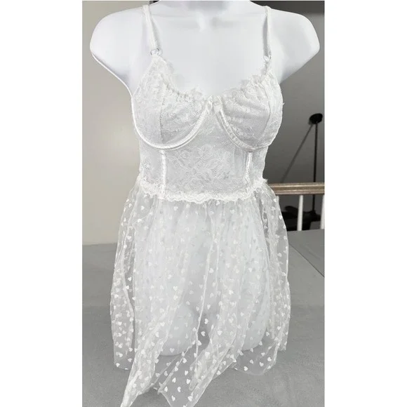 Sheer Lace Heart‎ Tulle Teddy Lingerie Babydoll White S