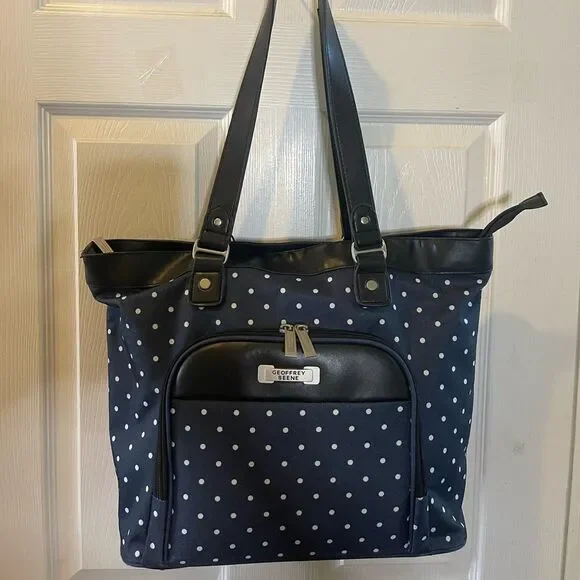 Geoffrey Beene Executive Women Bag Navy Blue & White Polka Dots Canvas .