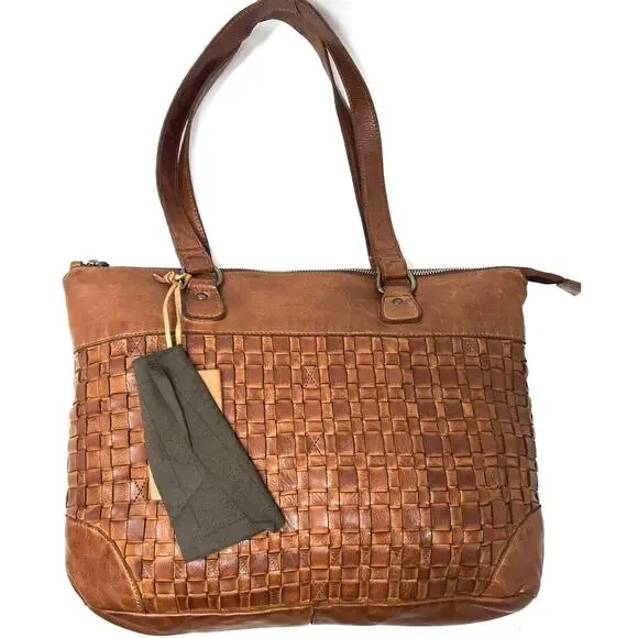 Vilenca Holland Laptop Shoulder Tote Bag Distressed Leather Brown Cognac NWT