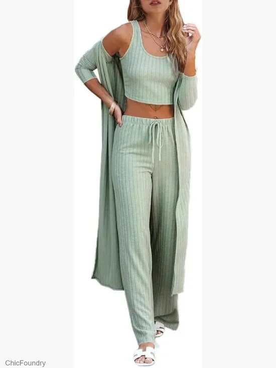 3-Piece Lounge Set Knit Cardigan Crop Top Wide Leg Pants Pajamas