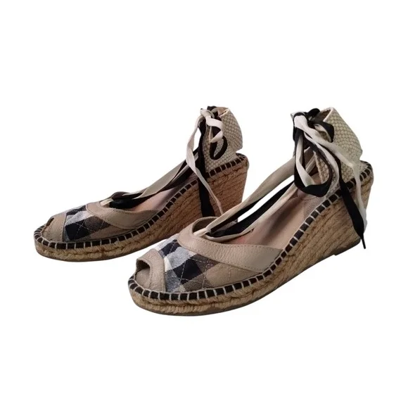 Burberry Mews Ankle Wrap Espadrille Wedges Iconic Plaid Pattern Womens 9