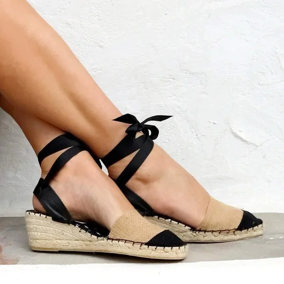 Black & Beige Ankle Tie Espadrille Wedges | Low Heel | Size 39