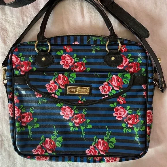 Betsy Johnson Laptop Bag Crossbody Roses Stripes