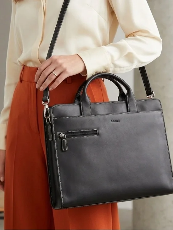 Lodis Black Leather Laptop Briefcase with Shoulder Strap