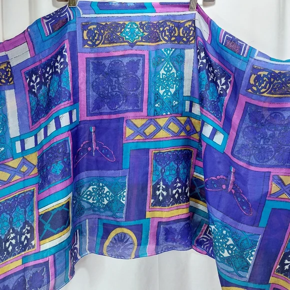 Silk‎ Scarf - Purple, Teal, Blue Geometric Block Print 44