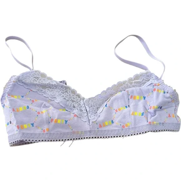NWT Savage X Fenty Lavender Logo Print Cotton Bralette XS Lace Wireless Bra