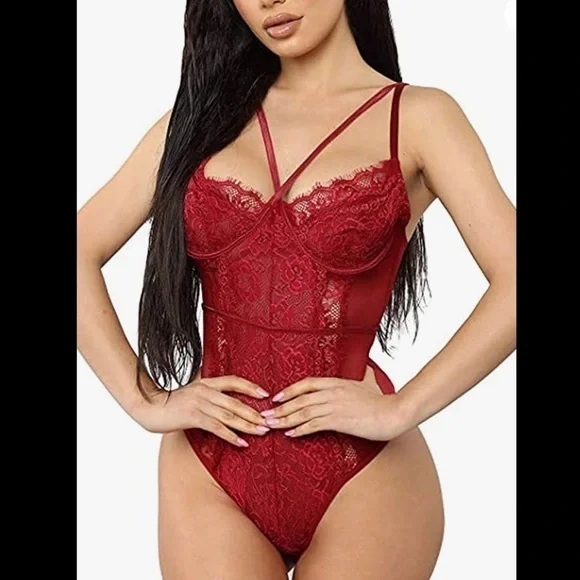 Red eyelash lace bodysuit lingerie