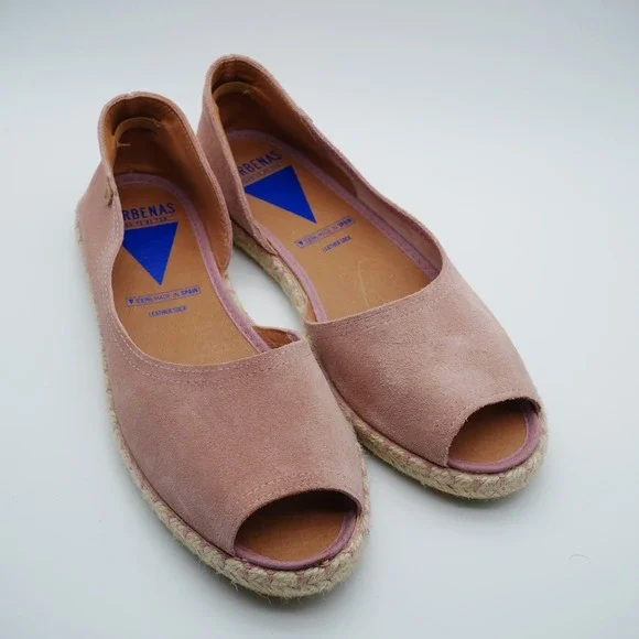 Verbenas Carmen Pink Suede Espadrille Peep Toe Flats Made in Spain Size 39