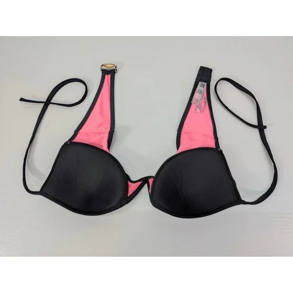 Victoria's Secret PINK Bra‎ Black Pink Tie Back Lined Sexy Beach C80/M D75/E75