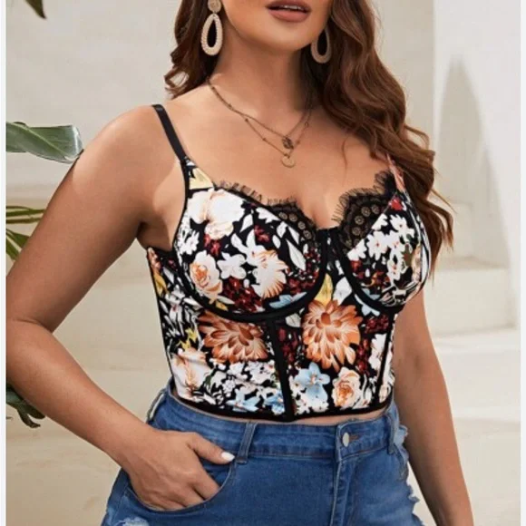 SHEIN VCAY Floral Print Eyelash Lace Trim Bustier Bra