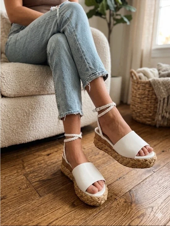 Women’s White Espadrille Platform Sandals with Braided Ankle Wrap