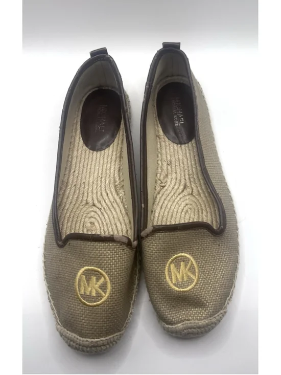 Michael Kors Hastings Espadrille Flats Womens 8 Brown Tan Canvas Gold Logo Shoes