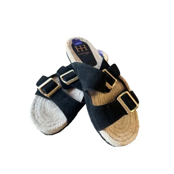 Haute Hippie Womens Black Suede Espadrille Slide Sandals Gold Buckle 8.5