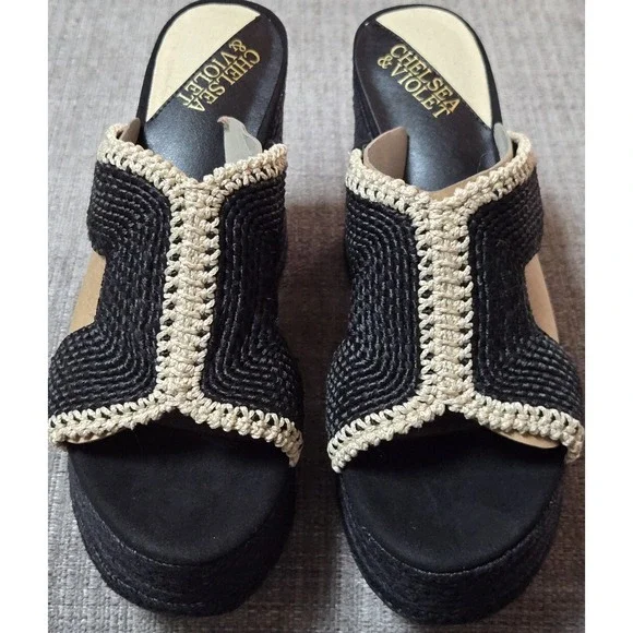 Chelsea & Violet Black Woven Platform Slide Sandals Espadrile Size 9.5‎