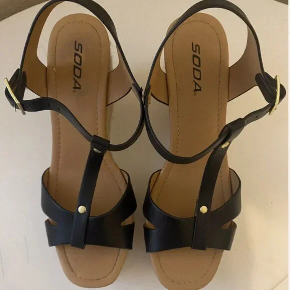 SODA Womens Black Ankle Strap Platform Wedge Espadrille Sandals