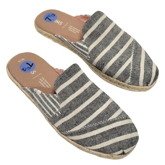 New TOMS Nova Espadrille Mules In Black Cabana Stripes Canvas Slip On Size 7.5