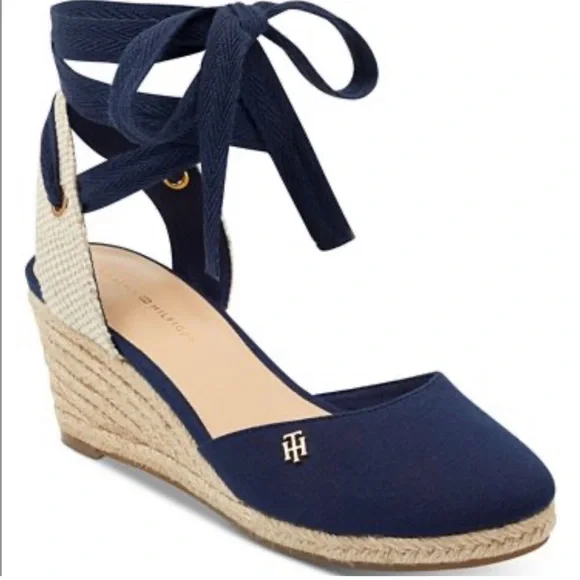 Tommy Hilfiger Navy Espadrille tie up Wedge Sandals size 8.5