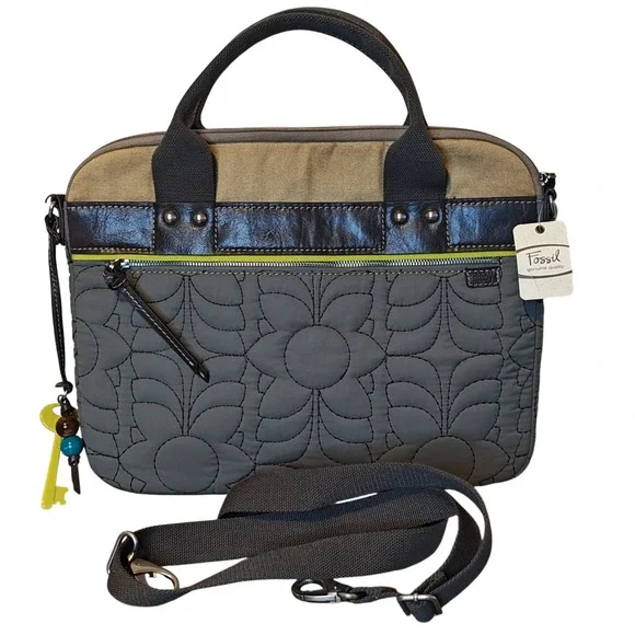 NEW Fossil Key Per Laptop Bag Grey Quilted Floral ZB4424020 Crossbody Messenger