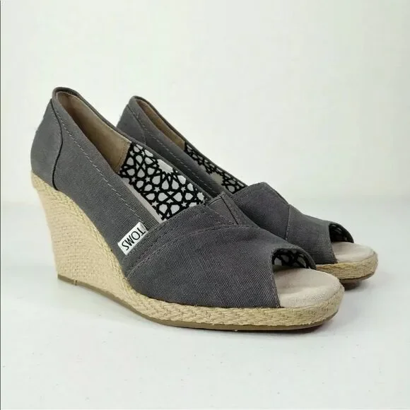 TOMS Calypso Canvas Peep Toe Wedge Espadrille Shoes