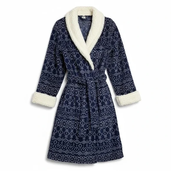 ULTA Cozy Plush Fair Isle Pattern Robe Shawl Collar Belted Blue S/M‎