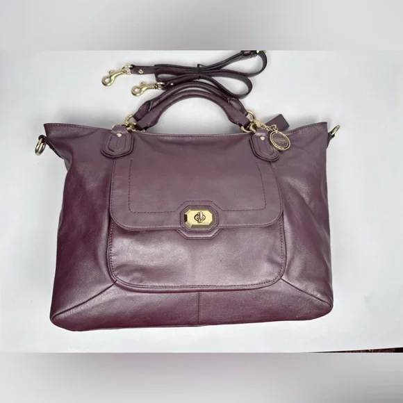 Coach Campbell Turnlock Leather Large Satchel Bag in Pearlized Plum/Brass
