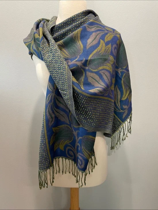 Blue & Green Floral Fringe Scarf Beautiful Tulip Motif Textile Wrap