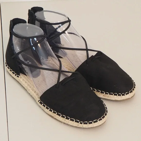 Eileen Fisher Espadrille Sandals Women's 8.5 Black Lace Up Suede Flats Shoes
