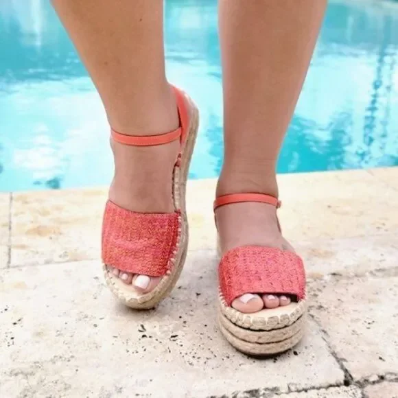 Trendy Coral Espadrille Wedge Sandals Open Toe Faux Leather