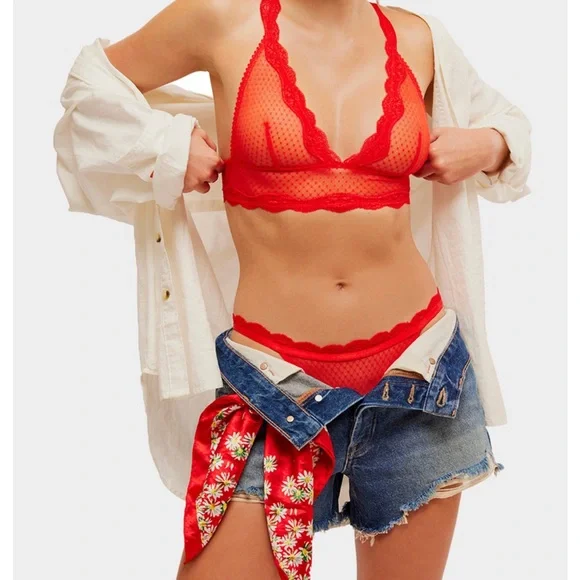Free People Midweek Bralette and Bikini Panty Set Fiery Red Small New with Tag