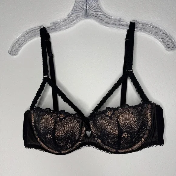 Adore Me Kimmy Black Push Up Lace Cage Balconette Bra 36C Underwire Strappy