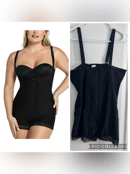 Top melon Black Lace-Trim Zip Front Shapewear shorts Top - 3XL