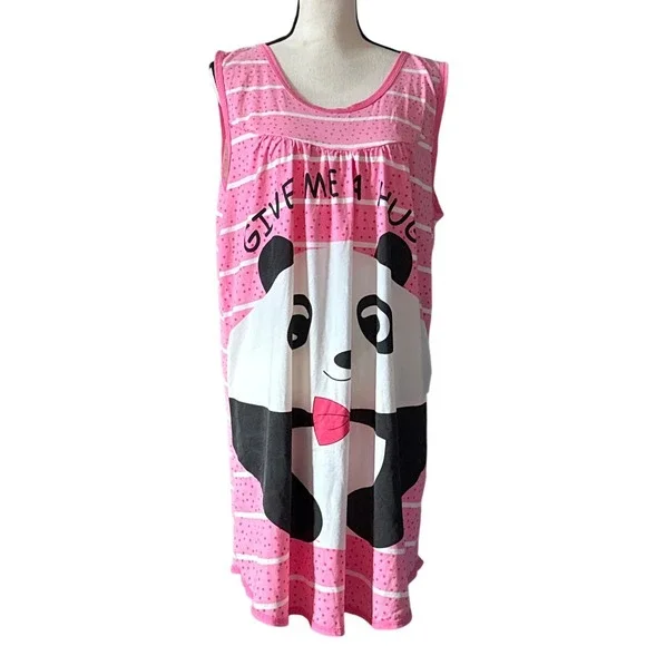 Lati Fashion Womens XL Panda Give Me‎ A Hug Sleepshirt Nightgown Pink Striped