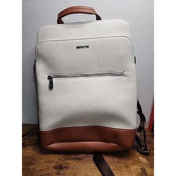 BOSTANTEN Leather Backpack Laptop Bag Travel Casual Computer Beige Brown
