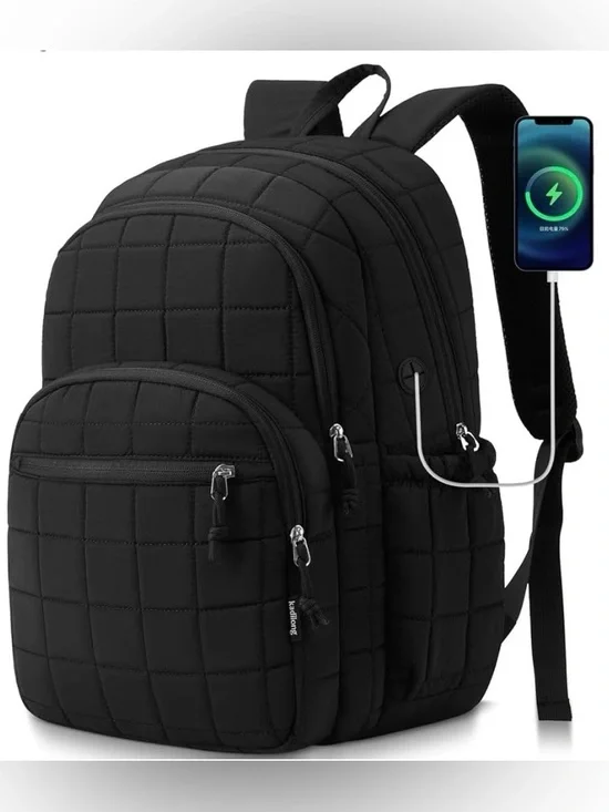 kadilong Laptop Book bag Backpack for College or Travel, Black Quilt, USB Ready