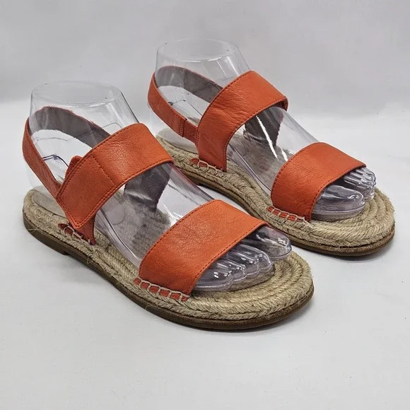 Eileen‎ Fisher Sandals Sz 6 Max Washed Espadrille Leather Flat Strapback Orange