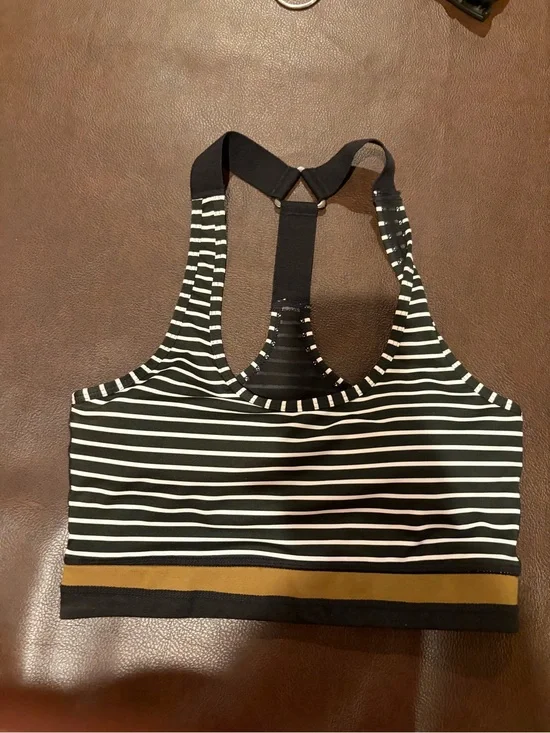 Mono B Black & White Striped Racerback Sports Bra with Gold Band