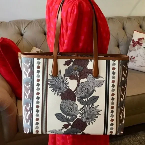 TORY BURCH FLORAL WINE PERRY LARGE TOTE LAPTOP TRAVEL HANDBAG WORK VACAT…
