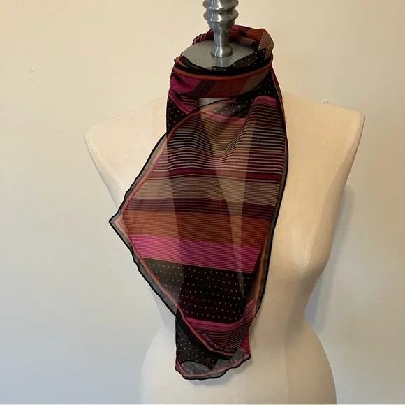 VTG Jones New York Polka Dot Stripe Silk Scarf Rectangle 9.5in x 51in Black Pink