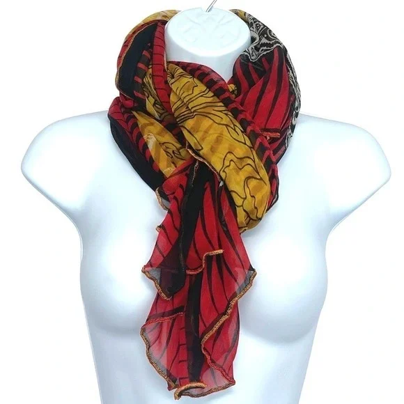 Vintage Style Floral Wrap Shawl Scarf Womens‎ OS Baroque Sheer Red Gold Black